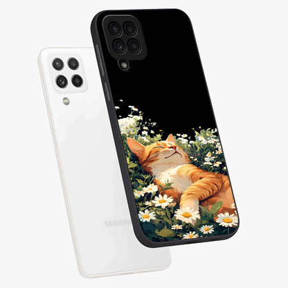 Blissful Bloom Cat Glass Case displayed in angled mockup highlighting playful feline illustration with soft floral aesthetic.