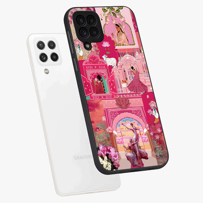 Blossoms of Rajasthan Glass Case displayed in angled mockup highlighting vibrant floral pattern with cultural aesthetic style.