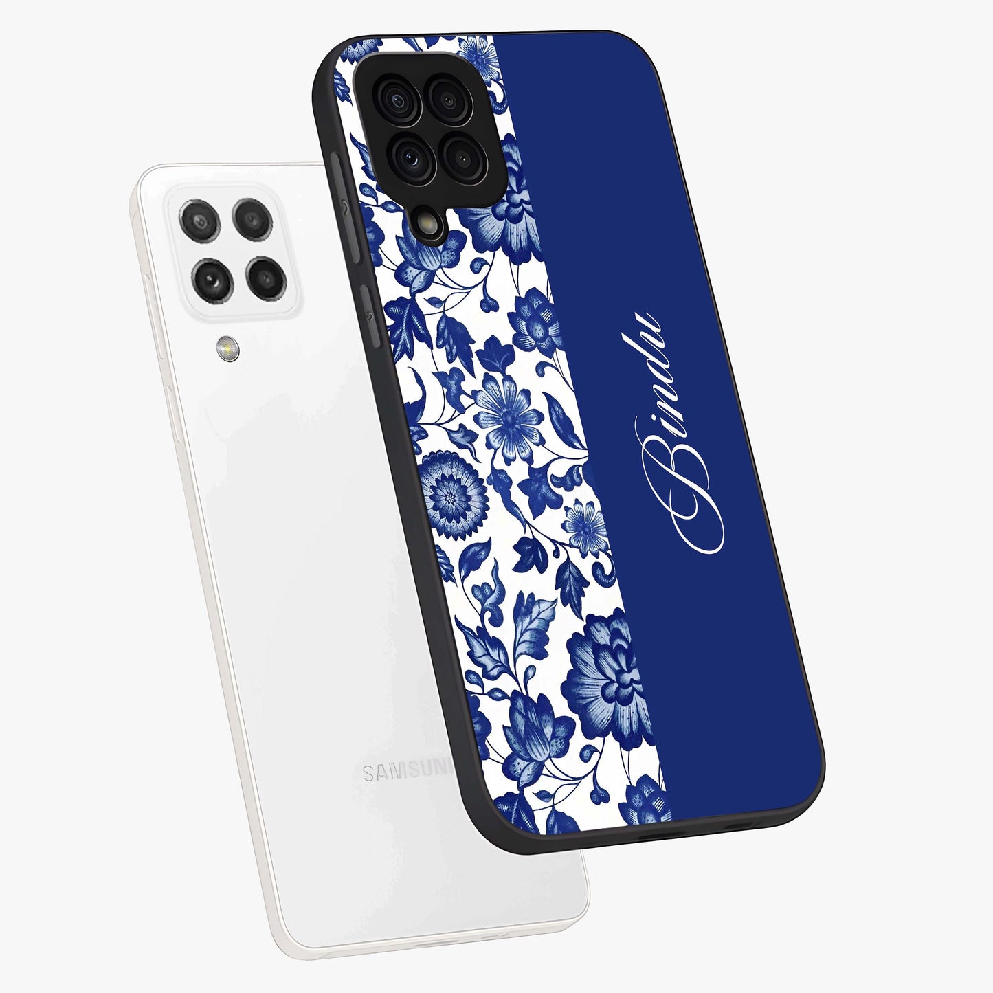 Blue Vintage Floral Pattern Glass Case displayed in angled mockup highlighting subtle bloom pattern with aesthetic pastel design.
