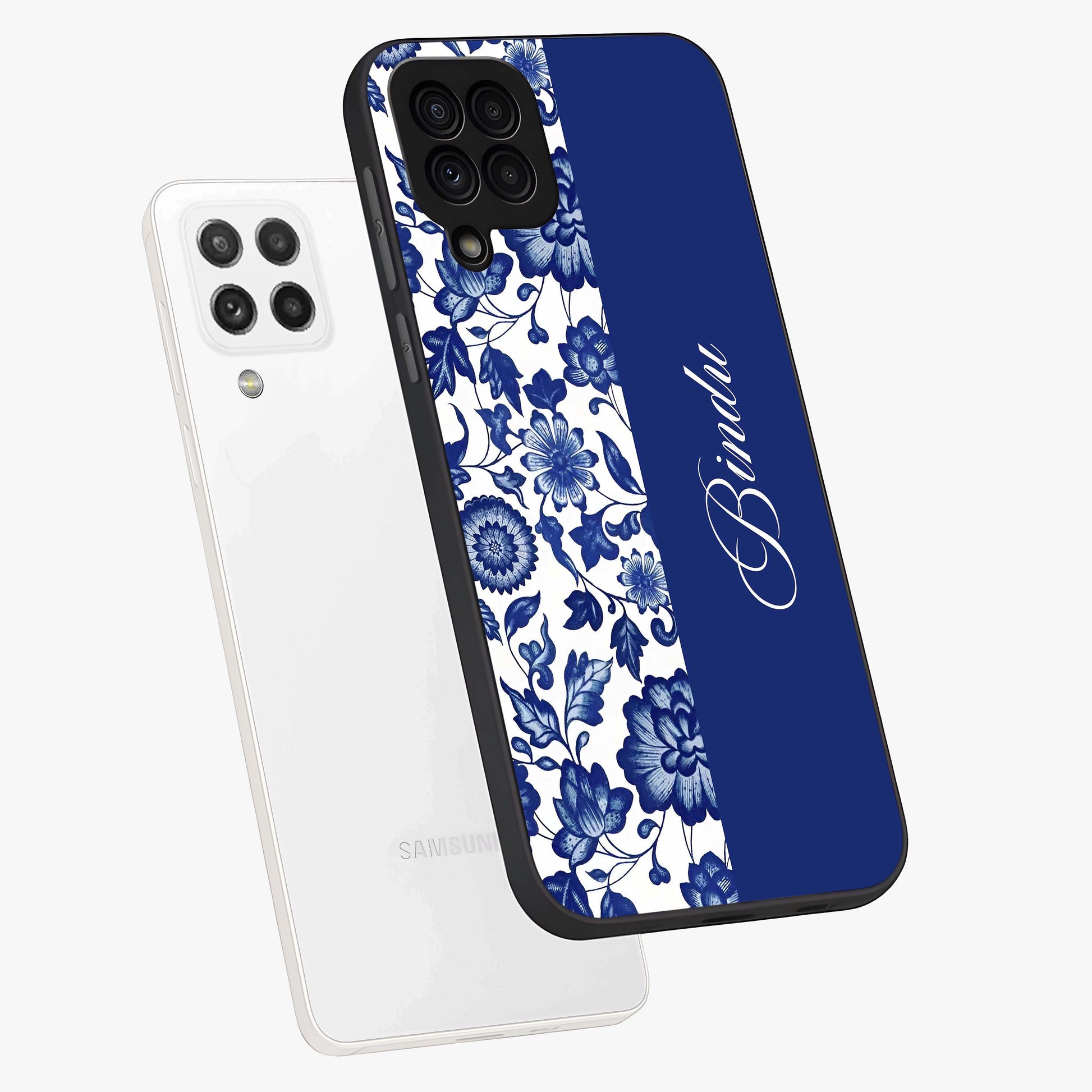 Blue Vintage Floral Pattern Glass Case displayed in angled mockup highlighting subtle bloom pattern with aesthetic pastel design.