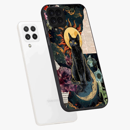 Celestial Black Cat Glass Case displayed in angled mockup highlighting cosmic black cat design with celestial aesthetic.