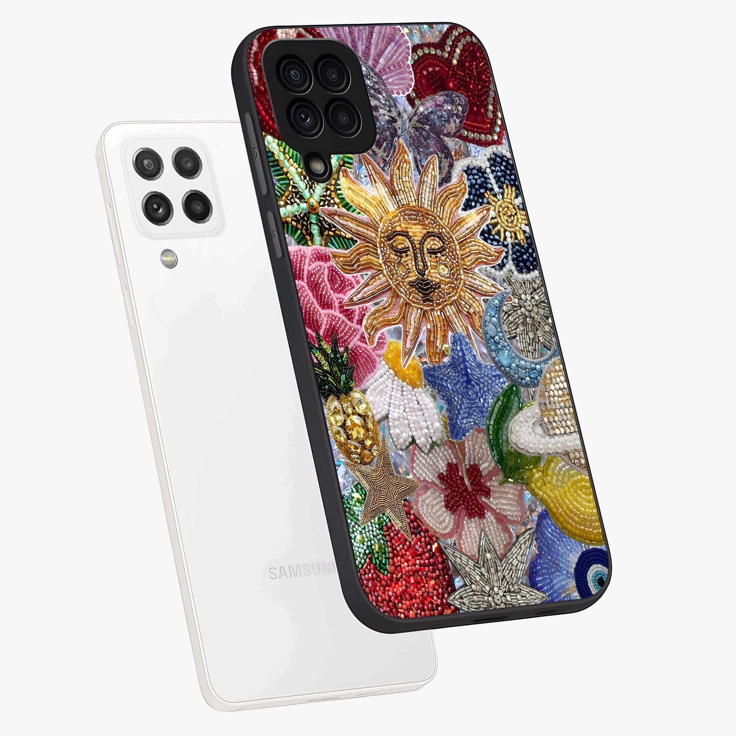 Celestial Floral and Playful Glass Case displayed in angled mockup highlighting playful floral design with dreamy celestial elements.