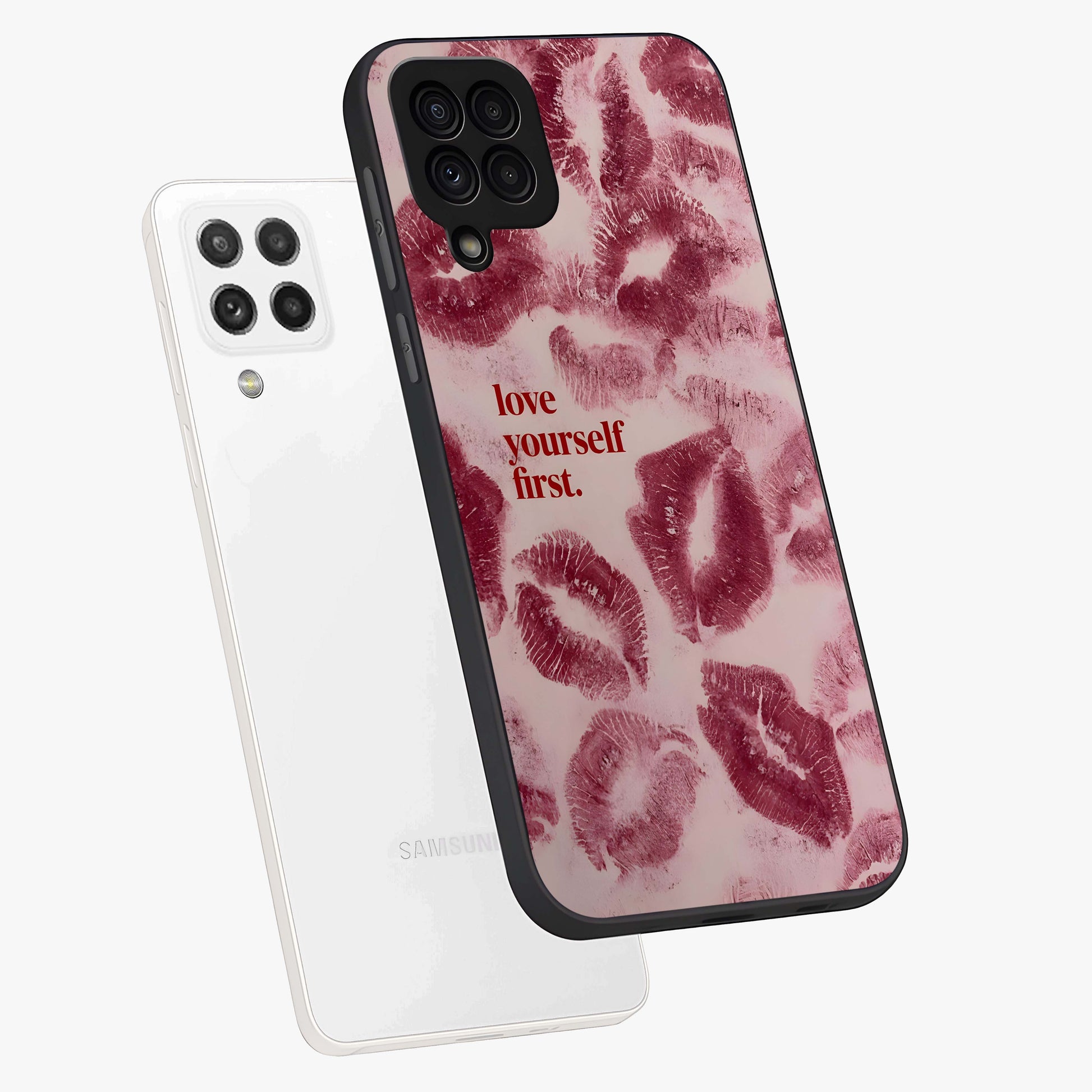 Crimson Kiss Love Glass Case displayed in angled mockup highlighting bold love inspired design with modern aesthetic style.