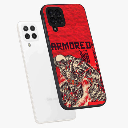 Crimson Mecha Titan Glass Case displayed in angled mockup highlighting futuristic mech illustration with bold crimson aesthetic.