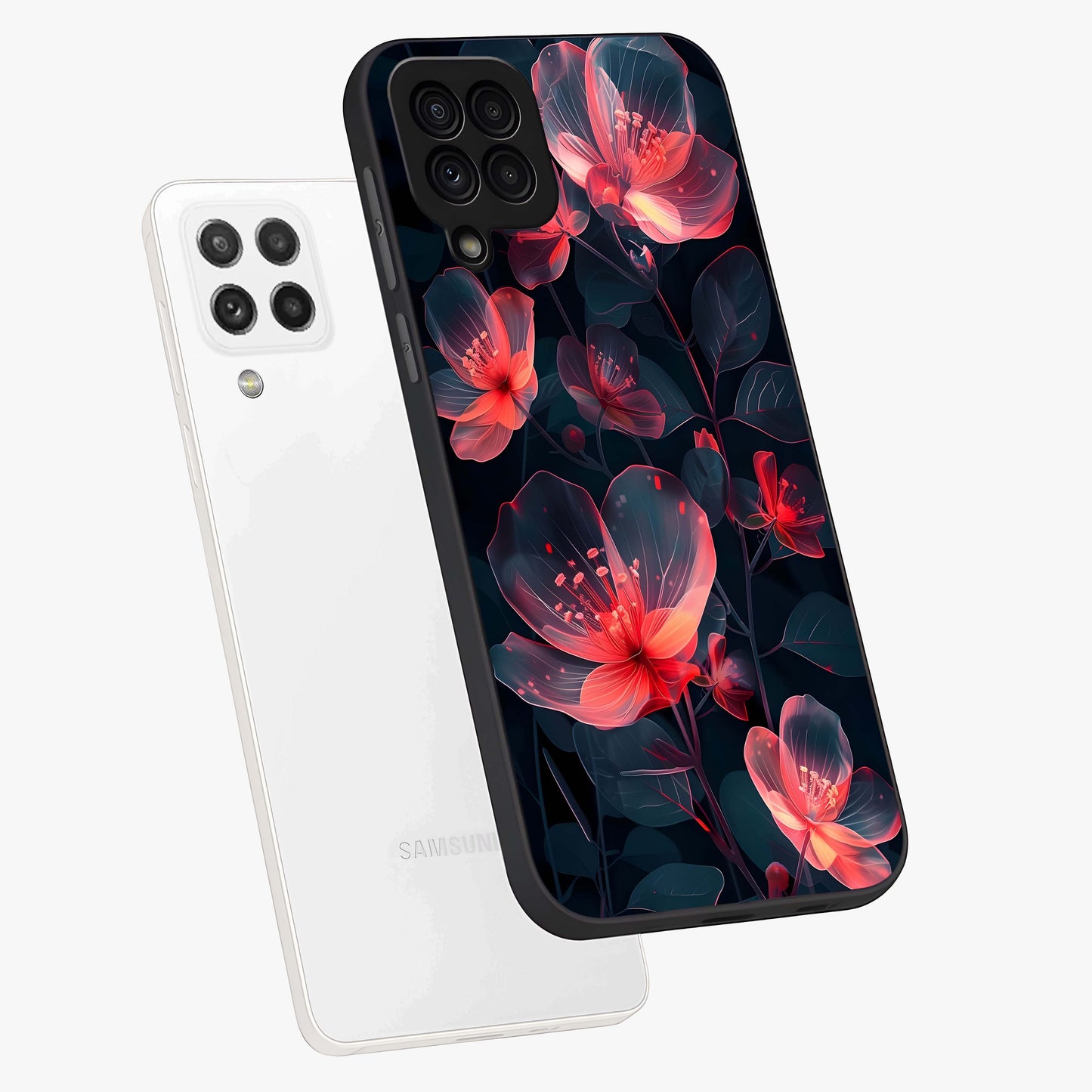 Dark Shade of Flower Glass Case displayed in angled mockup highlighting moody floral illustration with aesthetic dark tones.
