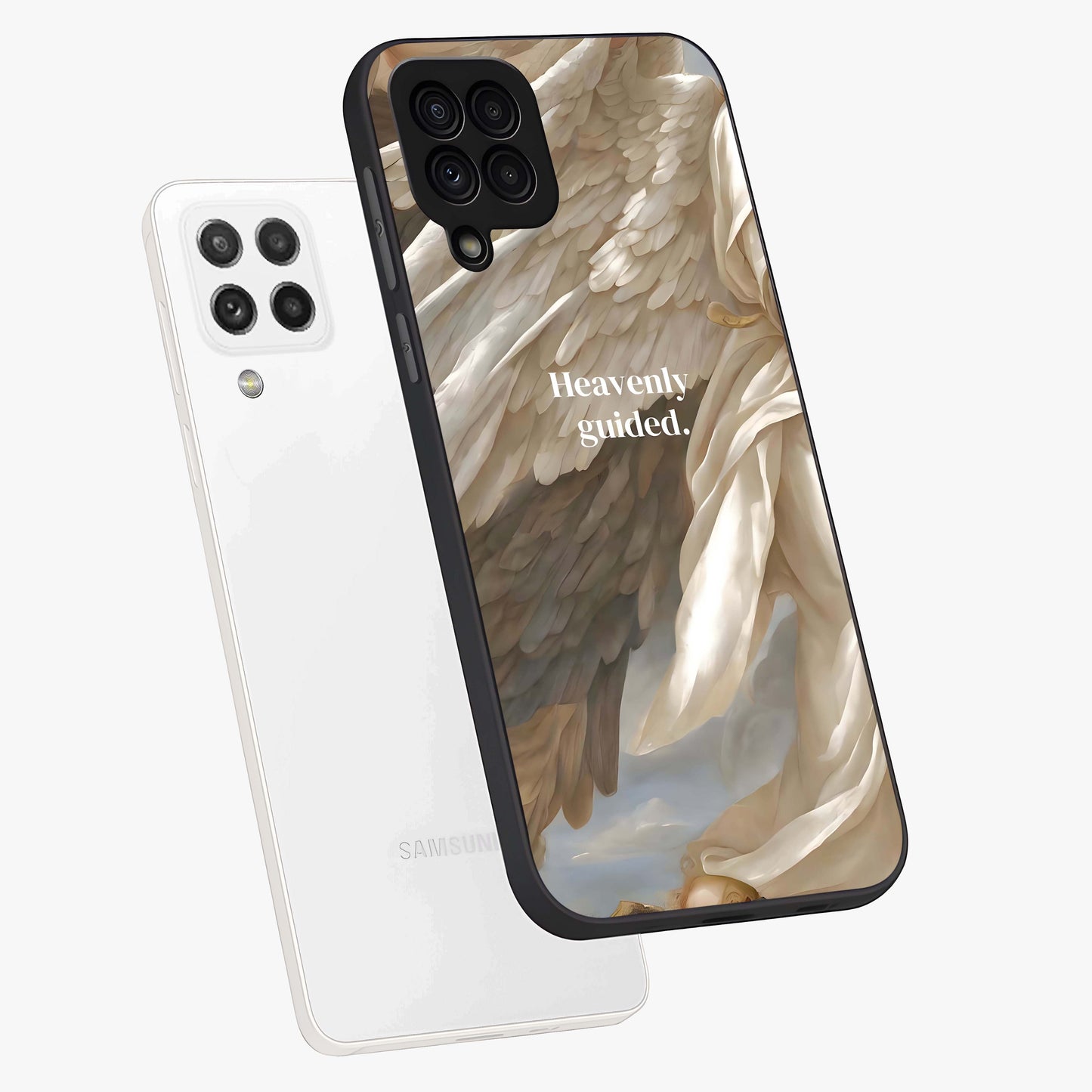 Divine Winged Grace Glass Case displayed in angled mockup highlighting graceful wing design with divine aesthetic style.