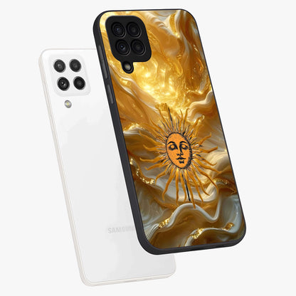 Eternal Golden Glow Glass Case displayed in angled mockup highlighting glowing golden aesthetic design with elegant style.