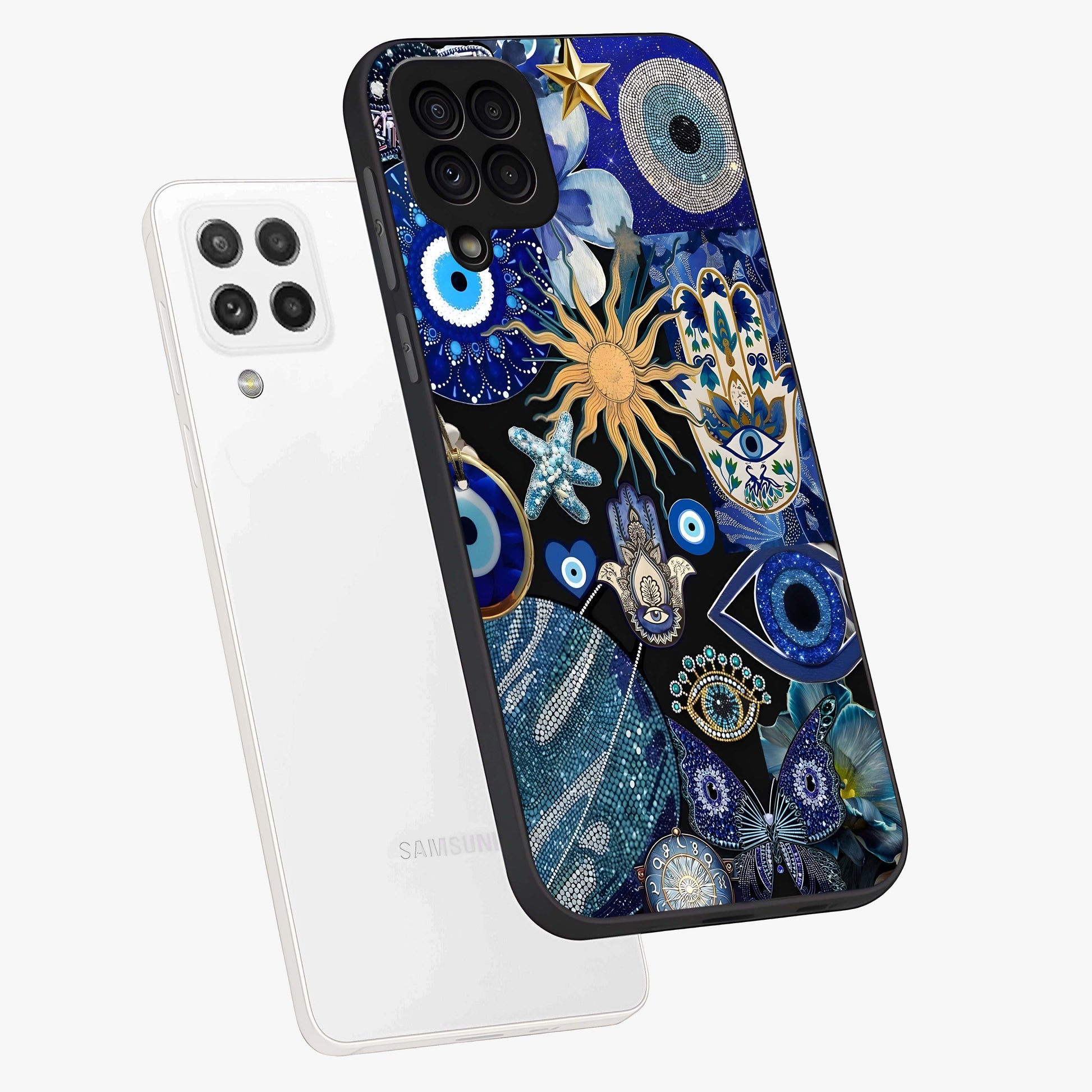 Evil Eye Charm Mix Glass Case displayed in angled mockup highlighting protective evil eye symbols with spiritual aesthetic design.