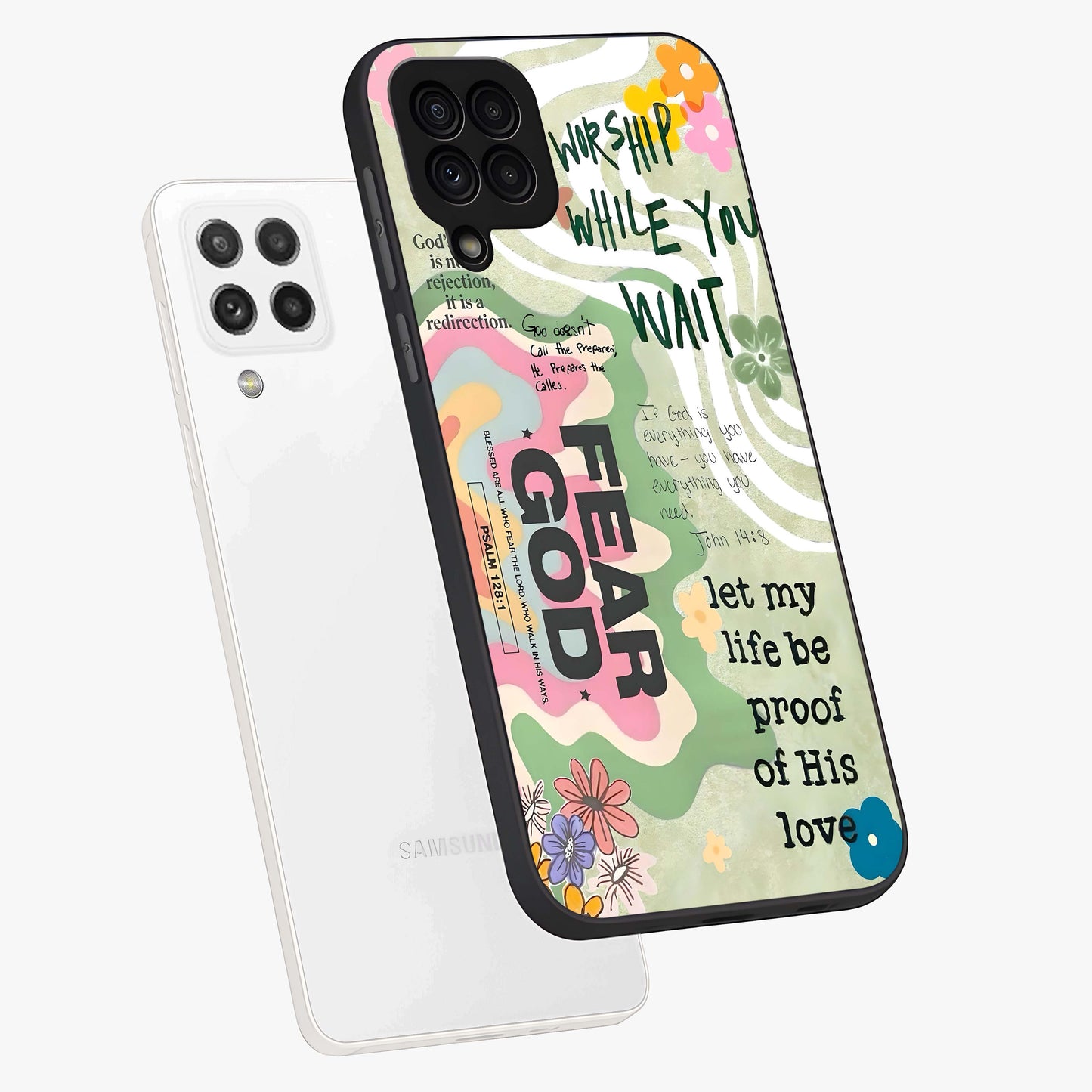 Faith Over Fear Glass Case displayed in angled mockup highlighting inspirational message design with modern aesthetic style.