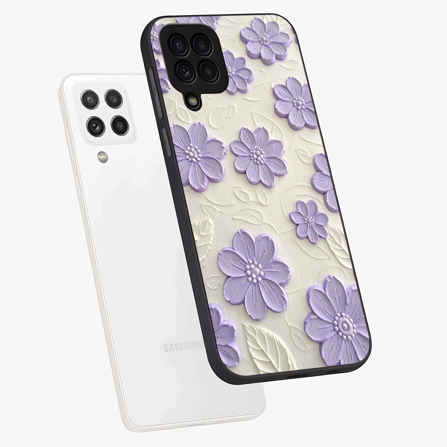 Floral Wall Art With Purple Flowers Glass Case displayed in angled mockup highlighting vibrant purple floral illustration with artistic aesthetic.