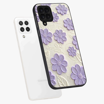 Floral Wall Art With Purple Flowers Glass Case displayed in angled mockup highlighting vibrant purple floral illustration with artistic aesthetic.