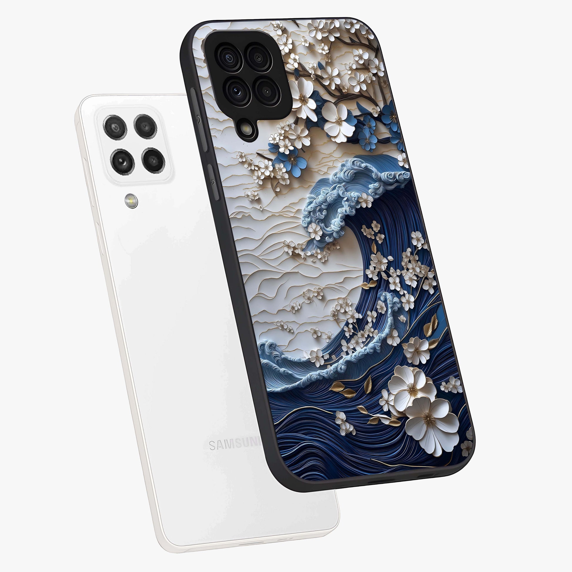 Floral Wave Origami Glass Case displayed in angled mockup highlighting geometric origami flower design with modern aesthetic style.