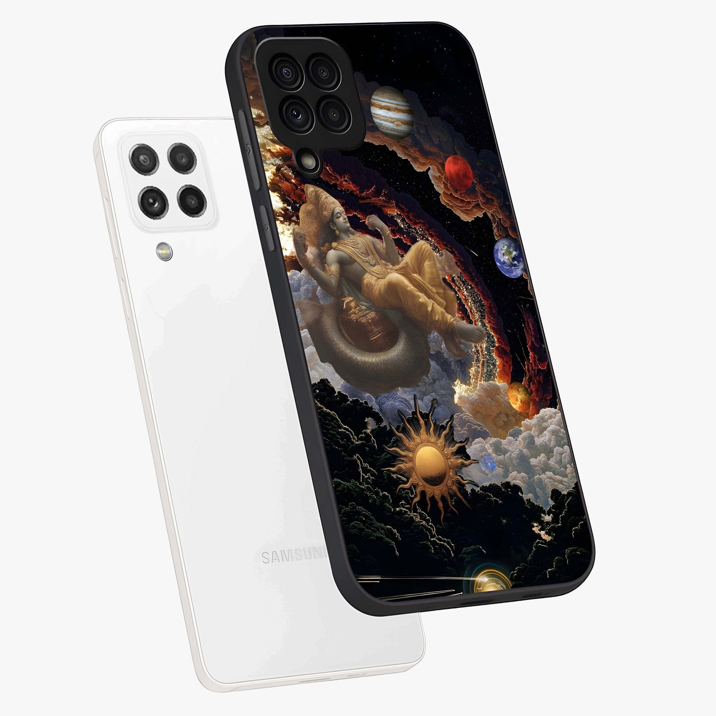 Galactic Divine God Glass Case displayed in angled mockup highlighting powerful celestial deity illustration with galactic aesthetic.