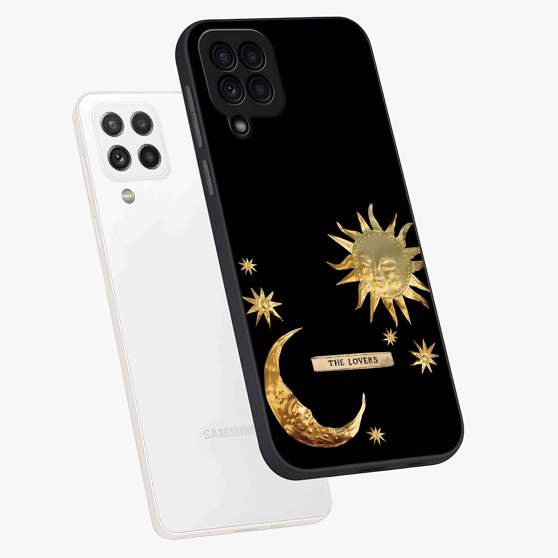 Gold Sun Blush Glass Case displayed in angled mockup highlighting radiant sun design with warm golden aesthetic.