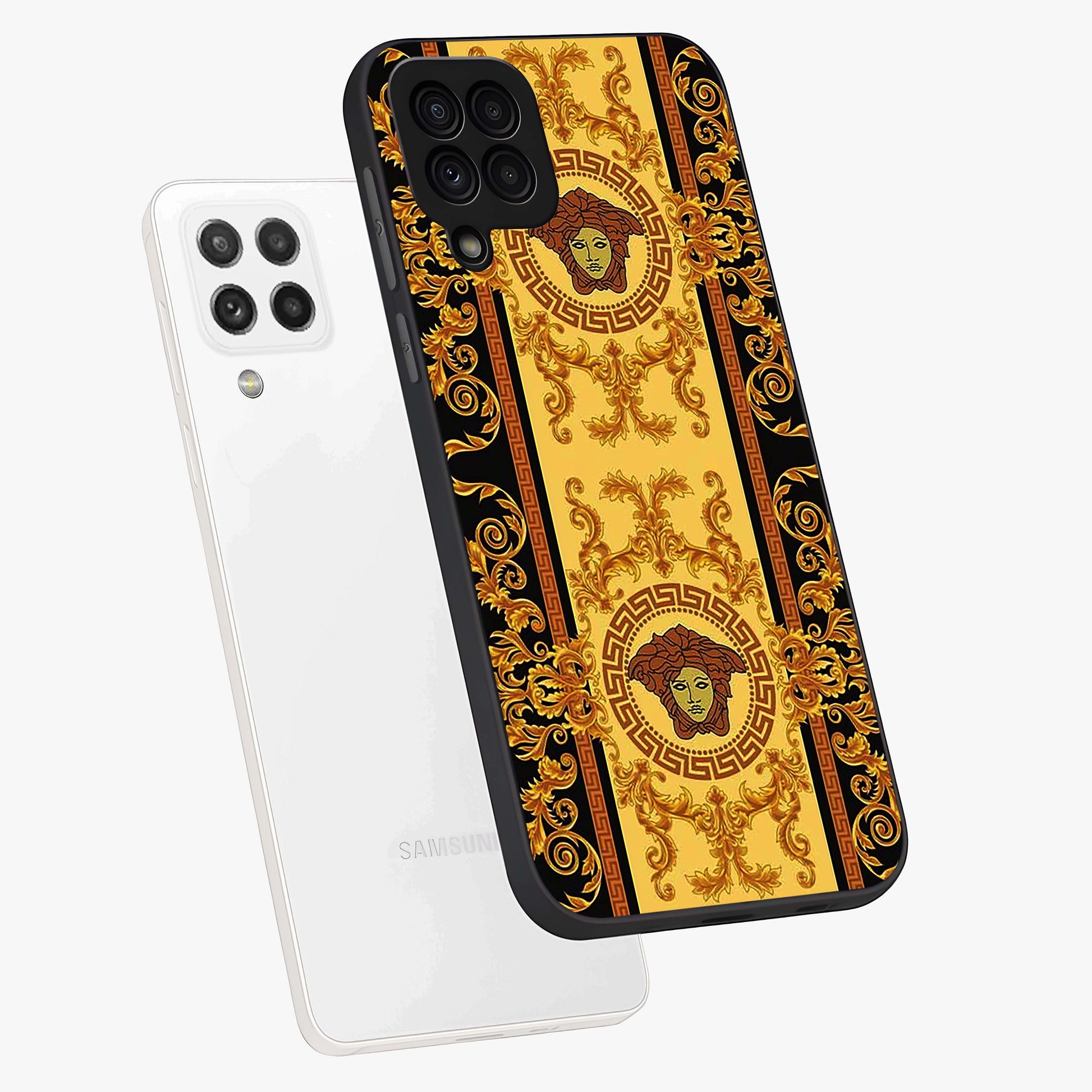 Golden Lotus Glow Glass Case displayed in angled mockup highlighting radiant lotus illustration with spiritual aesthetic.