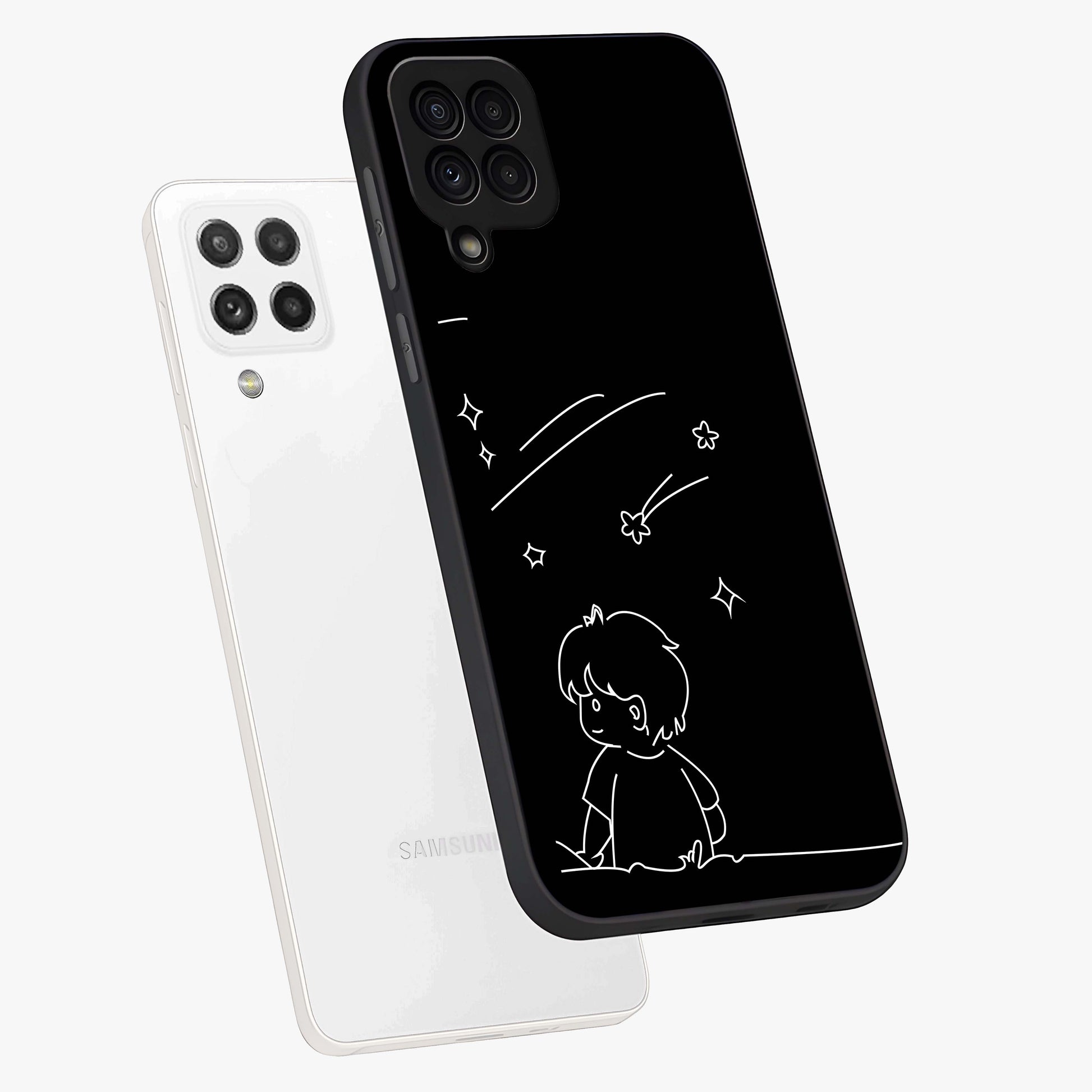 Line Art Boy With Shooting Stars Glass Case displayed in angled mockup highlighting elegant line art design with dreamy star aesthetic.