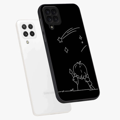 Line Art Girl With Shooting Stars Glass Case displayed in angled mockup highlighting elegant line art design with dreamy star aesthetic.