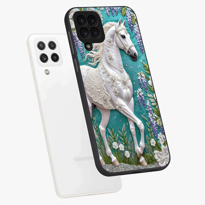 Majestic Floral Stallion Glass Case displayed in angled mockup highlighting majestic stallion illustration with elegant floral aesthetic.
