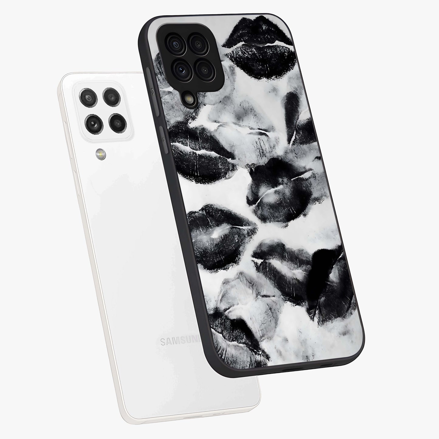 Midnight Kiss Marks Glass Case displayed in angled mockup highlighting playful romantic design with bold midnight aesthetic.