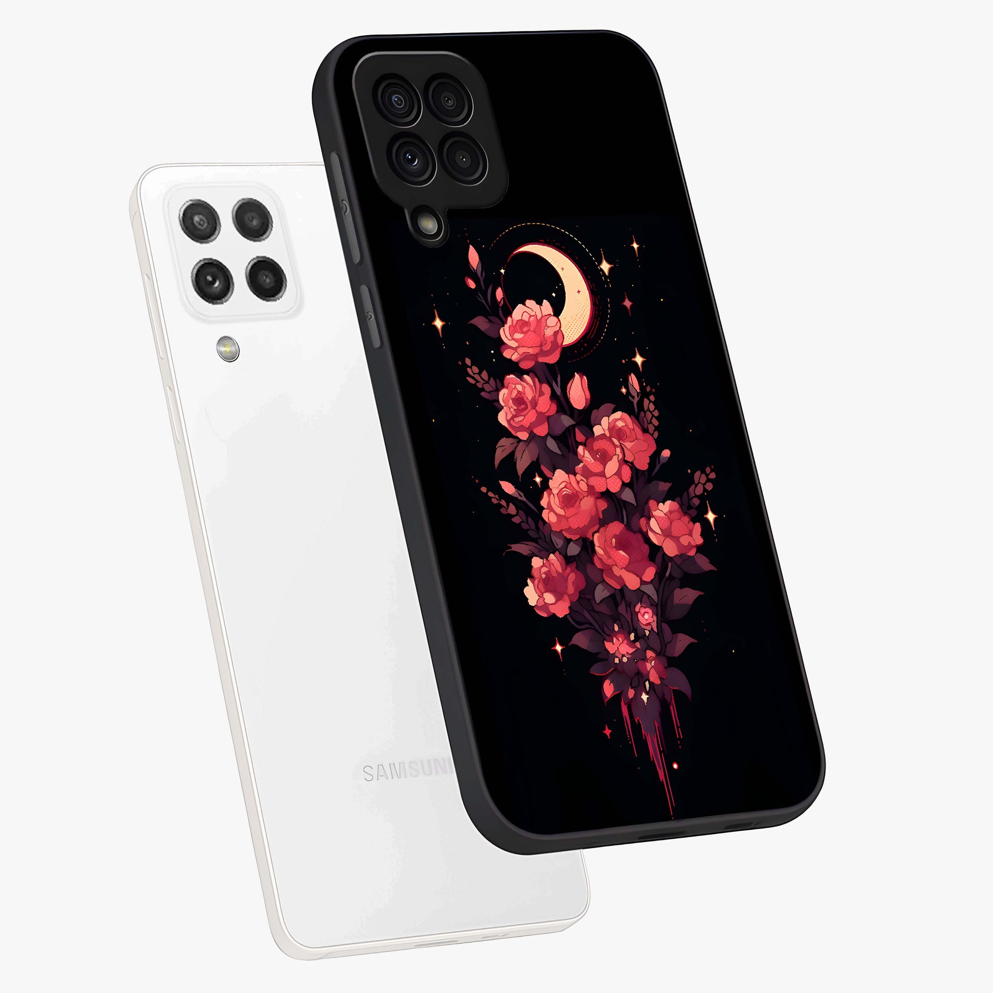 Moonlit Floral Elegance Glass Case displayed in angled mockup highlighting graceful flower design with soft moonlight aesthetic.