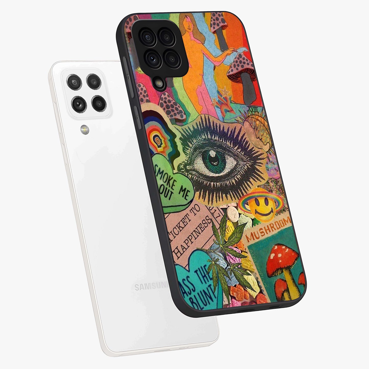 Mystic Eye Wonderland Glass Case displayed in angled mockup highlighting magical eye illustration with dreamy aesthetic.