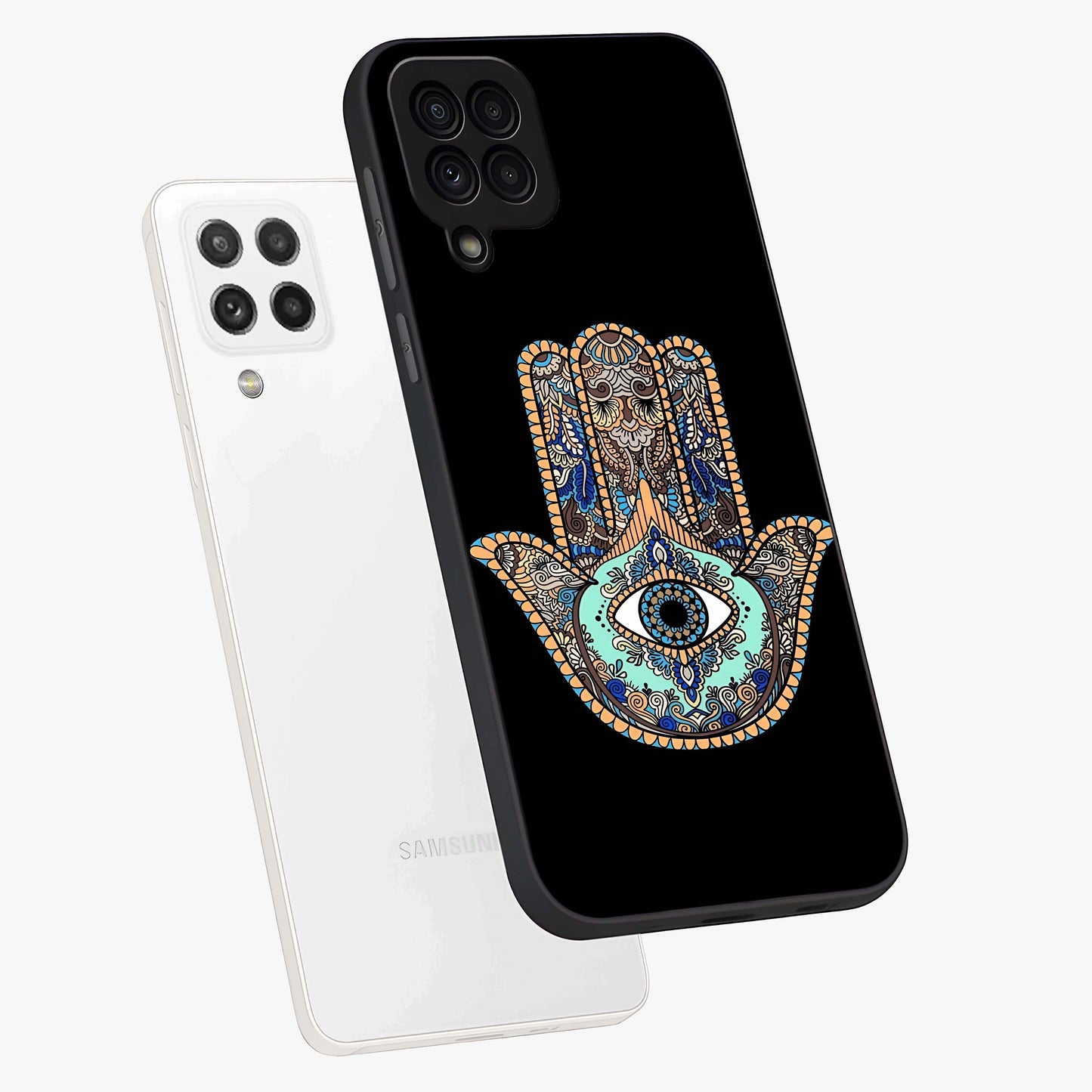 Mystic Hamsa Eye Glass Case displayed in angled mockup highlighting spiritual hamsa symbol with mystical aesthetic style.