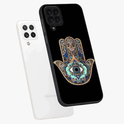 Mystic Hamsa Eye Glass Case displayed in angled mockup highlighting spiritual hamsa symbol with mystical aesthetic style.