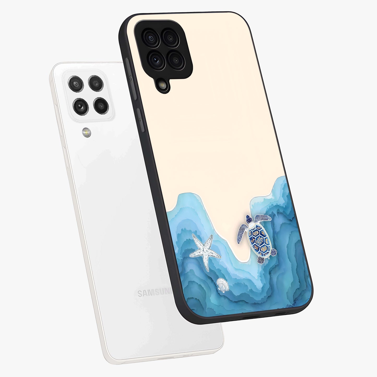Ocean Drift Turtle Glass Case displayed in angled mockup highlighting peaceful ocean turtle illustration with marine aesthetic.