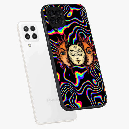 Psychedelic Sun Glass Case displayed in angled mockup highlighting vibrant abstract sun design with artistic aesthetic style.