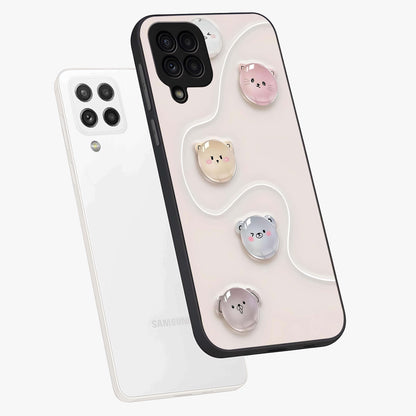 Puffy Face Parade Glass Case displayed in angled mockup highlighting playful cartoon face design with fun aesthetic.