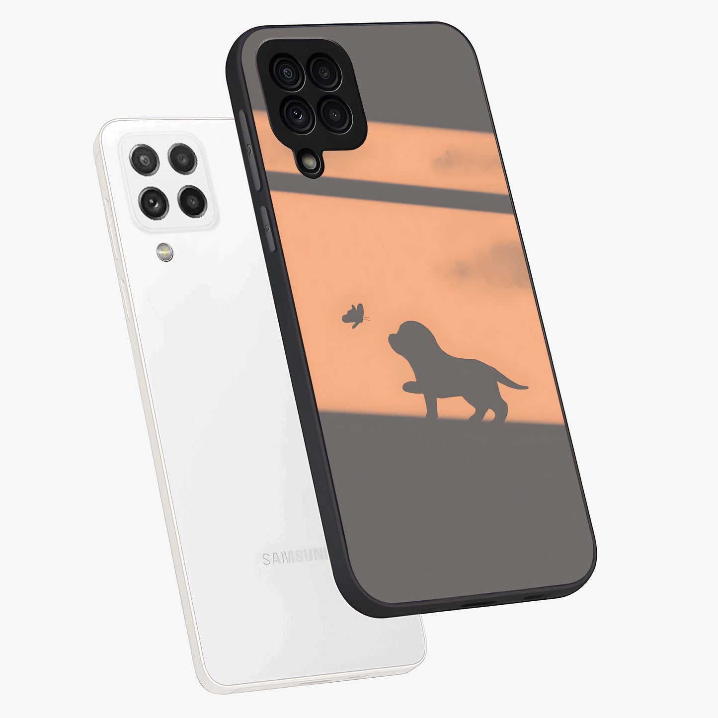 Puppy Shadow Art Glass Case displayed in angled mockup highlighting playful dog illustration with artistic shadow aesthetic.