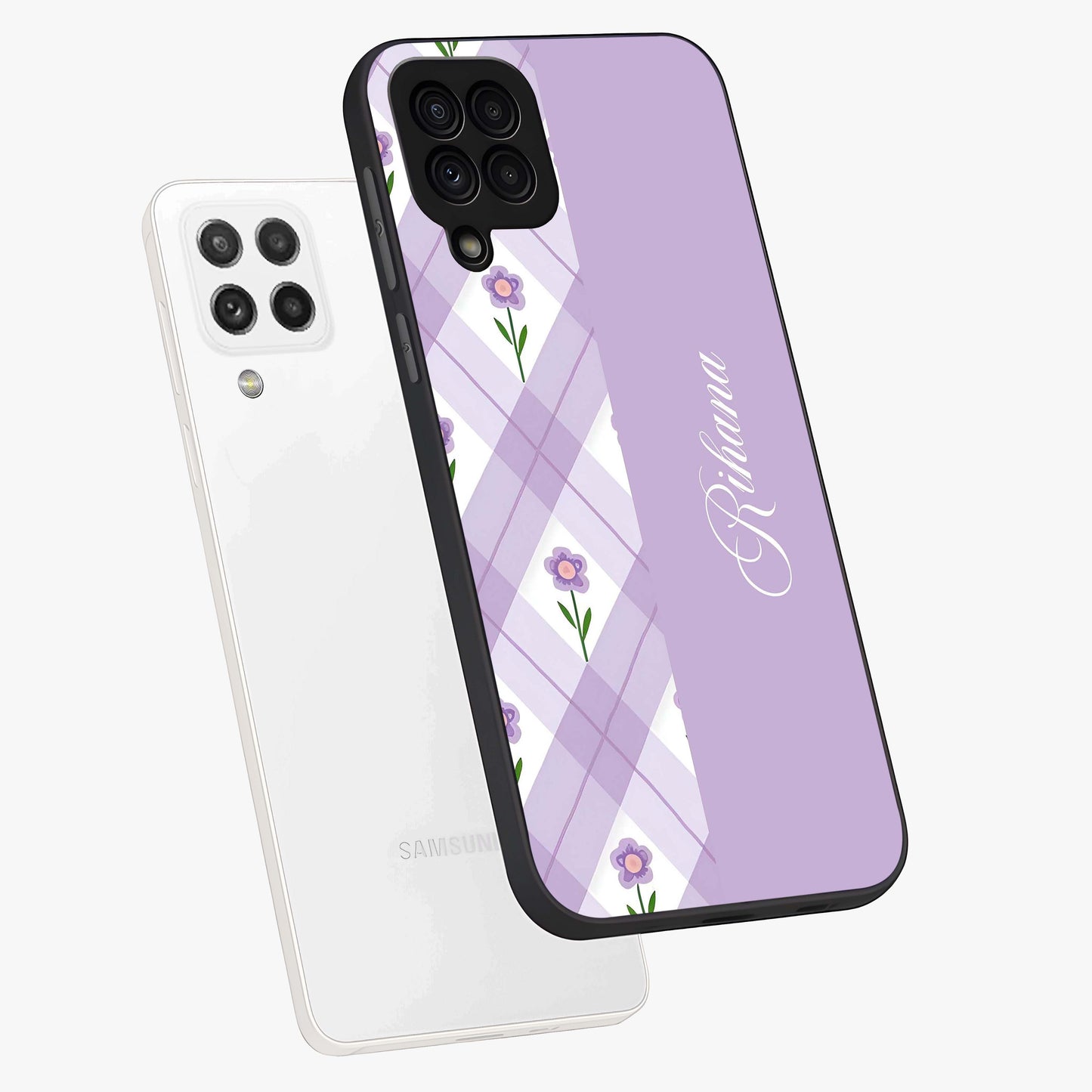 Purple Diamond Floral Glass Case displayed in angled mockup highlighting elegant purple flower design with decorative pattern.