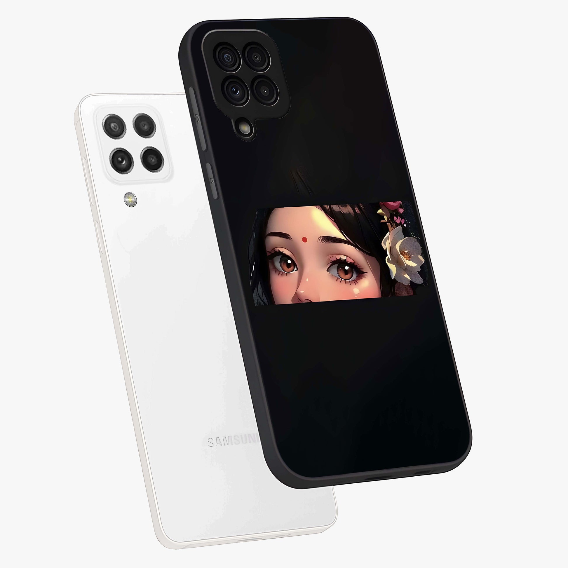 Radha Divine Embrace Glass Case displayed in angled mockup highlighting graceful spiritual illustration with divine aesthetic.