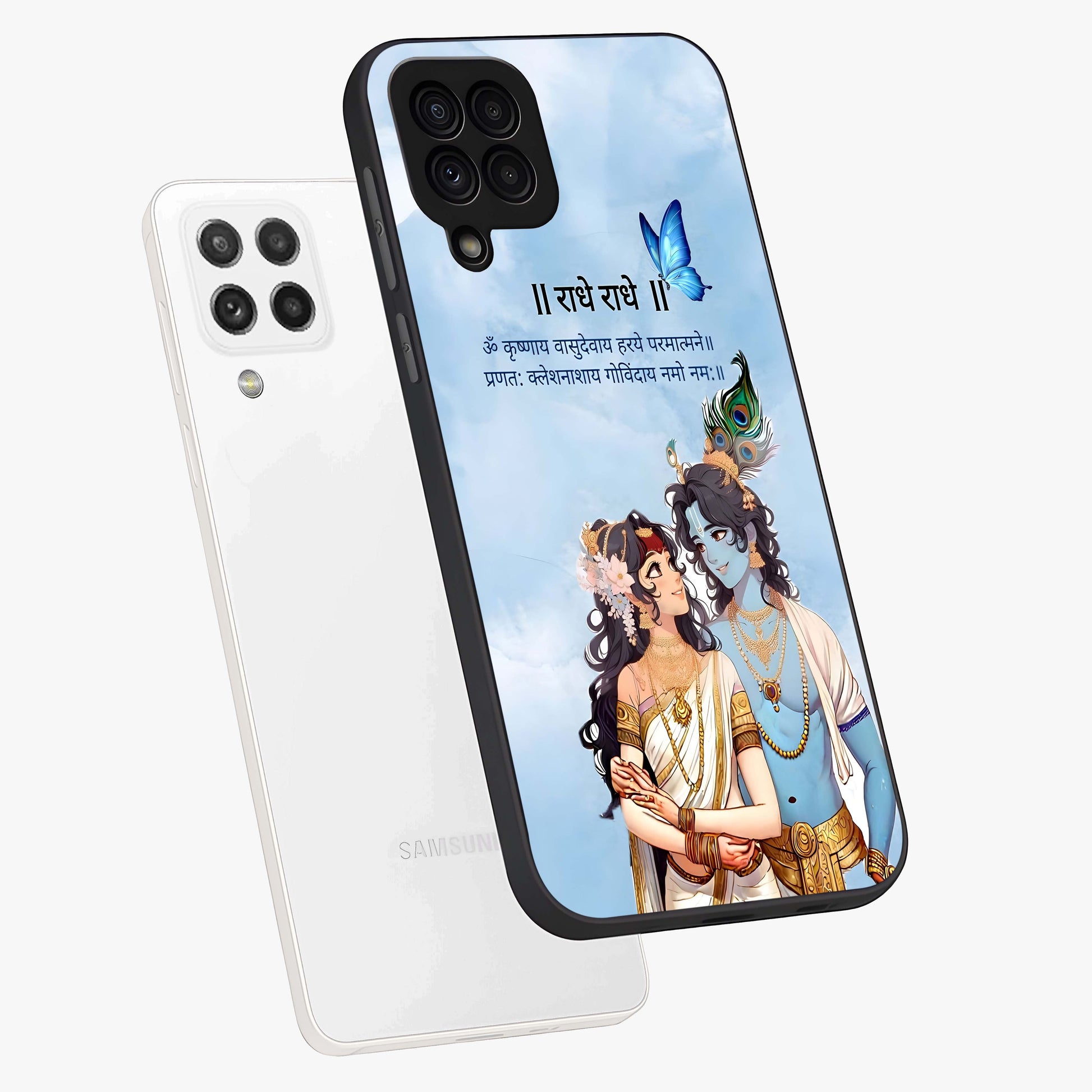 Radha Krishna Eternal Glass Case displayed in angled mockup highlighting divine Radha Krishna illustration with spiritual aesthetic.