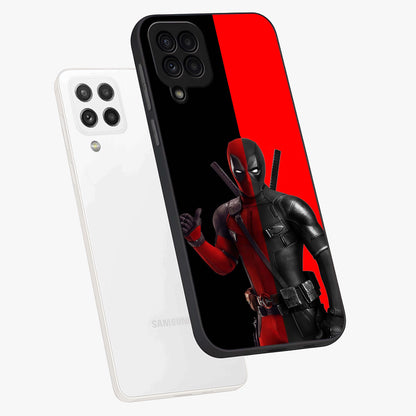 Red & Black Deadpool Theme Glass Case displayed in angled mockup highlighting vibrant superhero style illustration with action aesthetic.