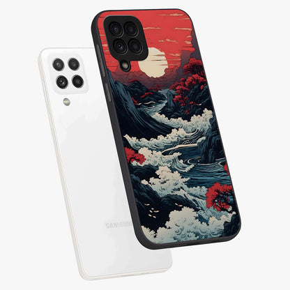 Red Sunset Scenery Glass Case displayed in angled mockup highlighting glowing sunset sky design with scenic aesthetic.