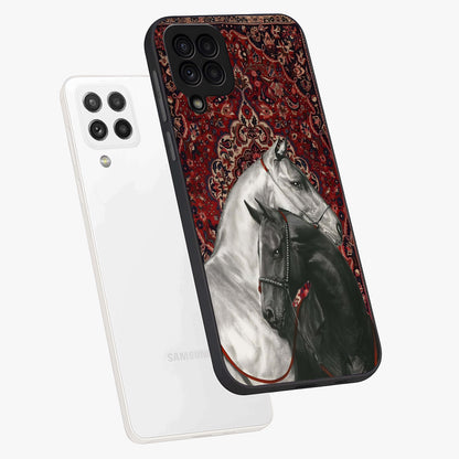 Regal Stallion Tapestry Glass Case displayed in angled mockup highlighting royal stallion design with decorative heritage aesthetic.