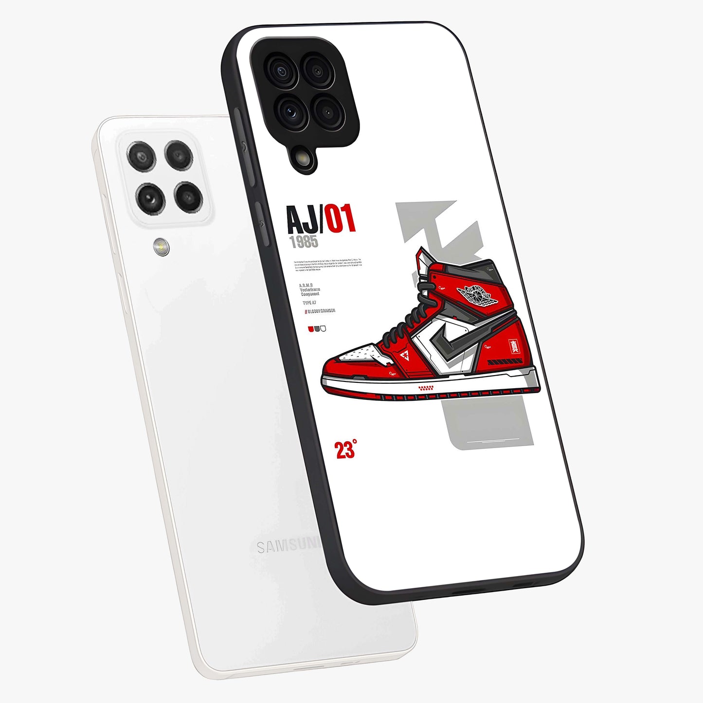 Retro Sneaker Blueprint Glass Case displayed in angled mockup highlighting detailed shoe design with sporty retro aesthetic.