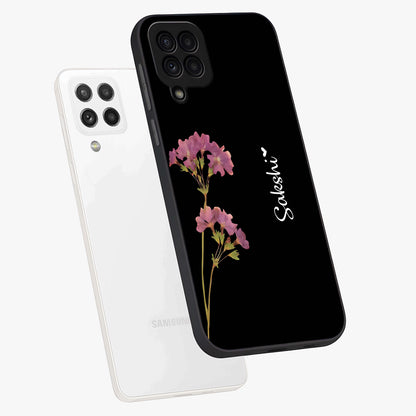 Riching Lavender Flower Custom Name Glass Case displayed in angled mockup highlighting delicate lavender flower design with custom name feature.