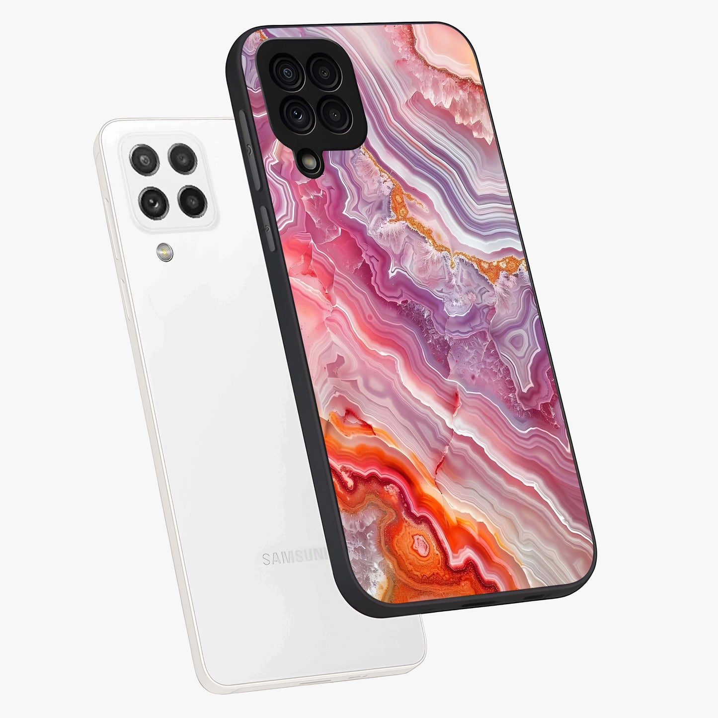 Rose Quartz Marble Glass Case displayed in angled mockup highlighting elegant marble pattern with soft aesthetic style.