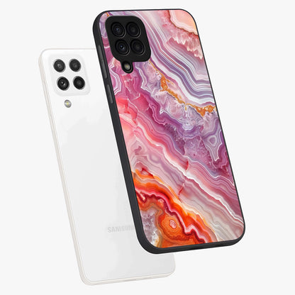 Rose Quartz Marble Glass Case displayed in angled mockup highlighting elegant marble pattern with soft aesthetic style.