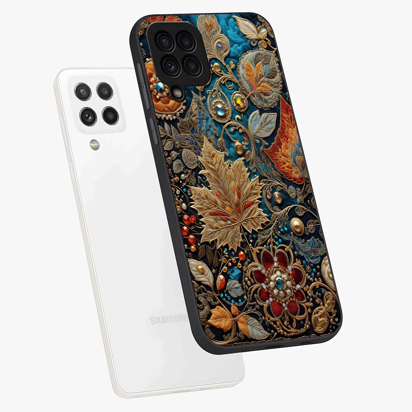 Royal Jewel Garden Glass Case displayed in angled mockup highlighting vibrant jewel inspired floral design with elegant aesthetic.