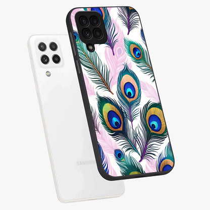 Royal Peacock Feathers Glass Case displayed in angled mockup highlighting vibrant feather pattern with regal aesthetic style.