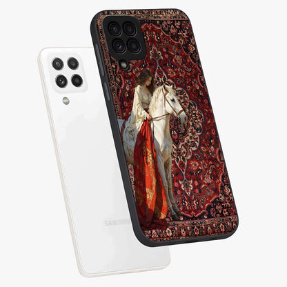 Royal Rider Tapestry Glass Case displayed in angled mockup highlighting traditional tapestry design with royal heritage aesthetic.