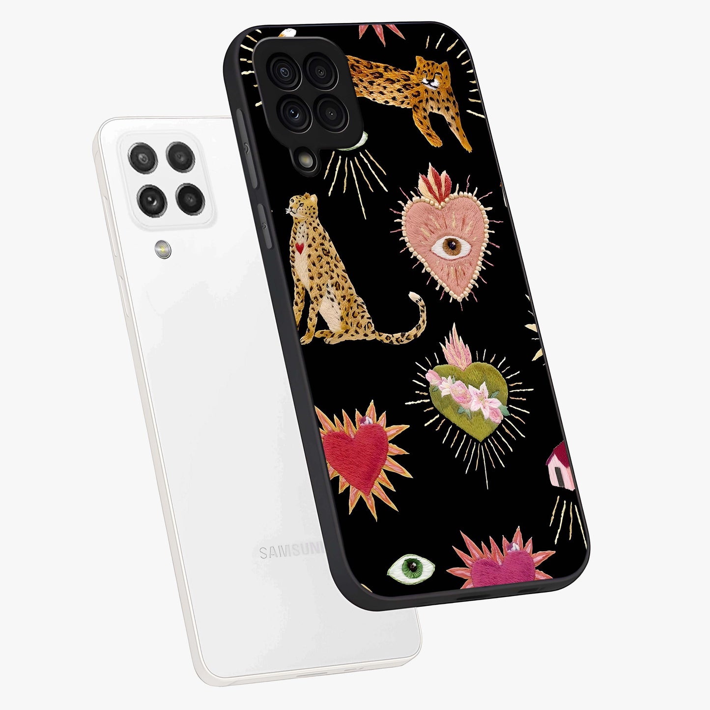 Sacred Jungle Heart Glass Case displayed in angled mockup highlighting lush tropical design with natural aesthetic style.