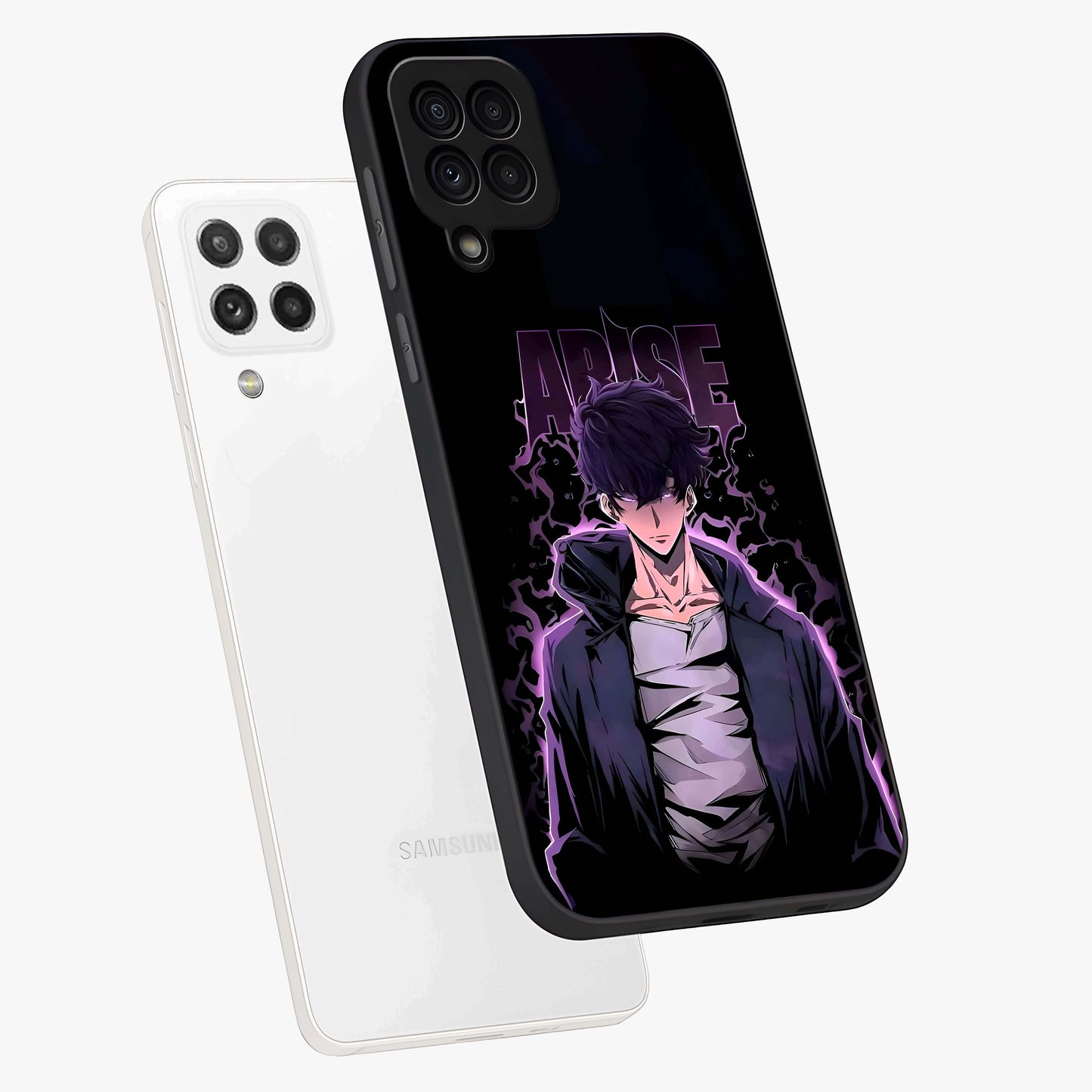 Shadow Monarch Awakening Glass Case displayed in angled mockup highlighting dramatic shadow warrior design with fantasy aesthetic.