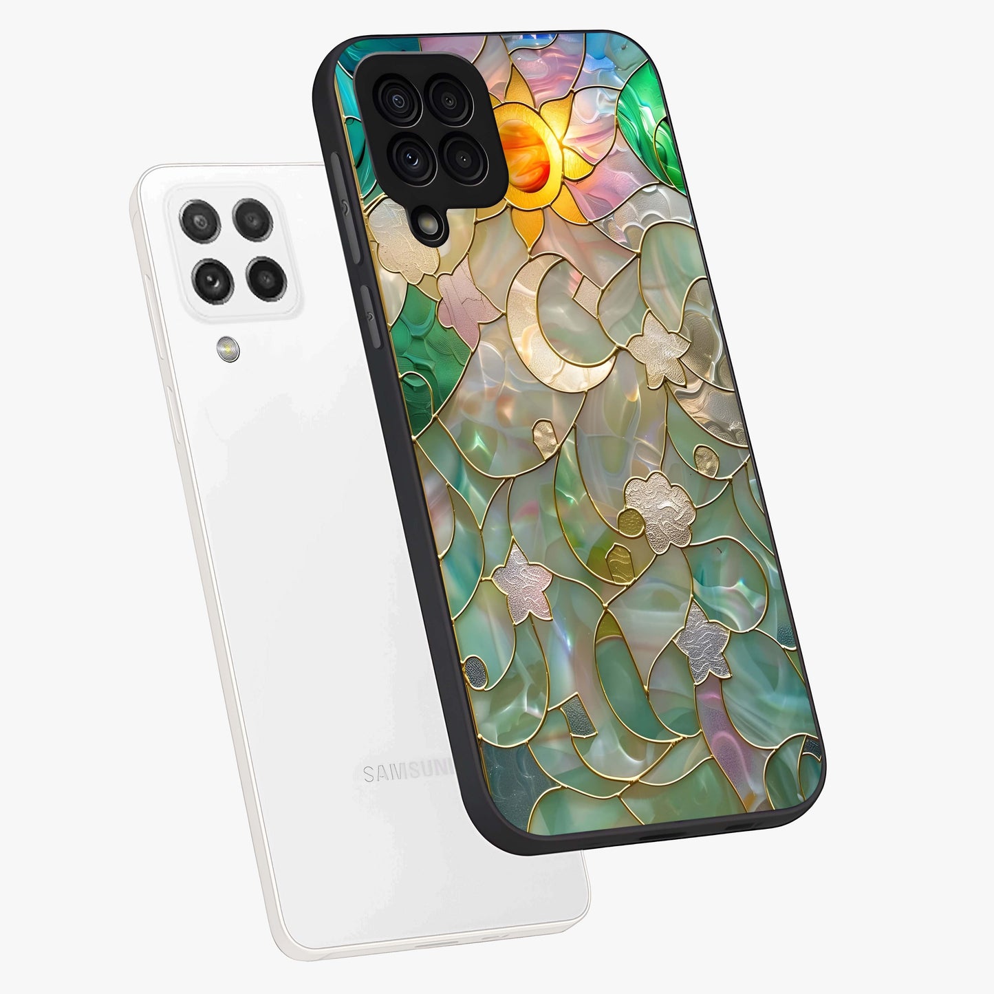Stained Sunrise Glow Glass Case displayed in angled mockup highlighting radiant sunrise design with artistic aesthetic style.