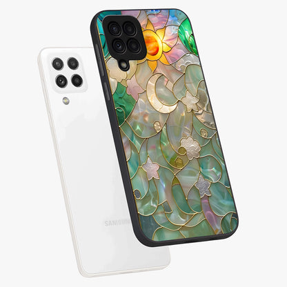 Stained Sunrise Glow Glass Case displayed in angled mockup highlighting radiant sunrise design with artistic aesthetic style.