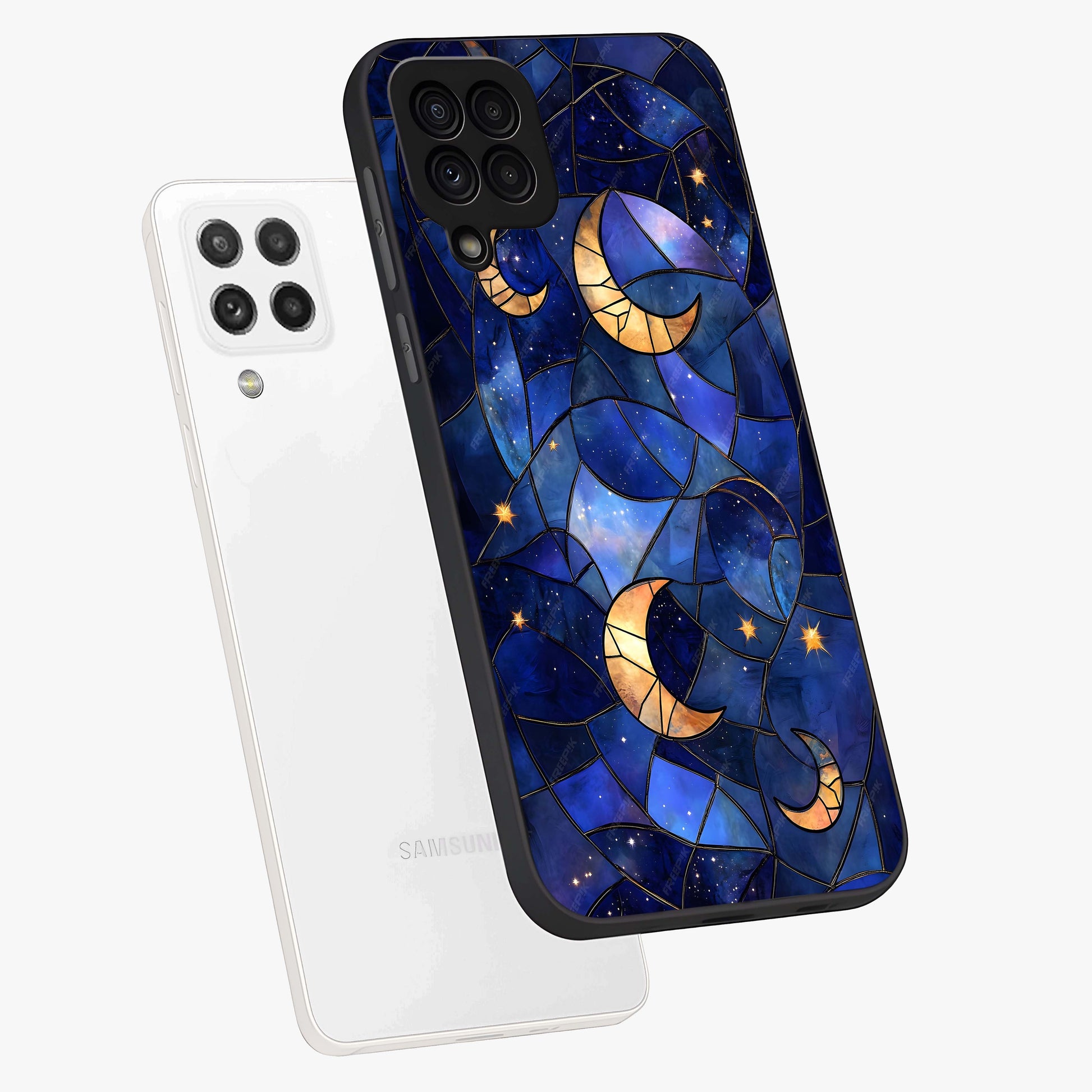 Starlit Sky Tapestry Glass Case displayed in angled mockup highlighting celestial night pattern with artistic aesthetic style.
