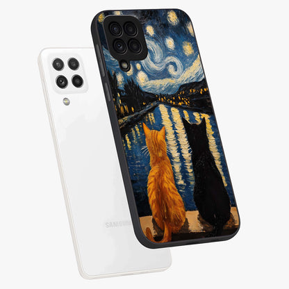 Starry River Cats Glass Case displayed in angled mockup highlighting charming feline illustration with dreamy night aesthetic.